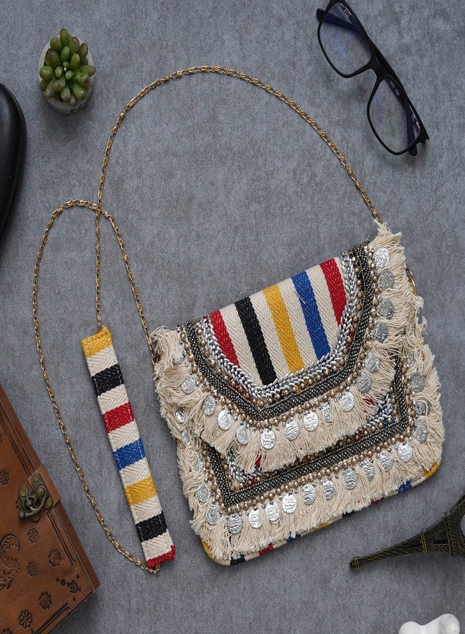 iinfinize Stylish Vintage Banjara Fabric Designer Clutch For Women Trendy Handbag with Golden Chain Strap - Image 5